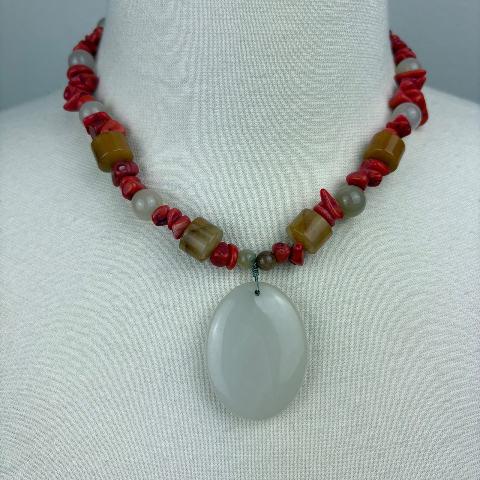 Coral and Stone Beaded Pendant Necklace Artisan Boho Eclectic Handcraft Jewelry