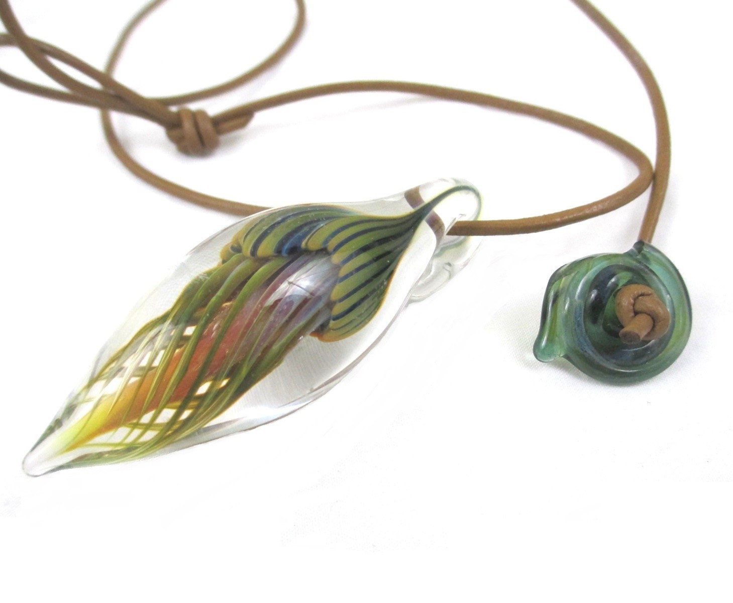 Lampwork Art Glass Teardrop Pendant Necklace Swirl Flame Leaf Borosilicate Cord