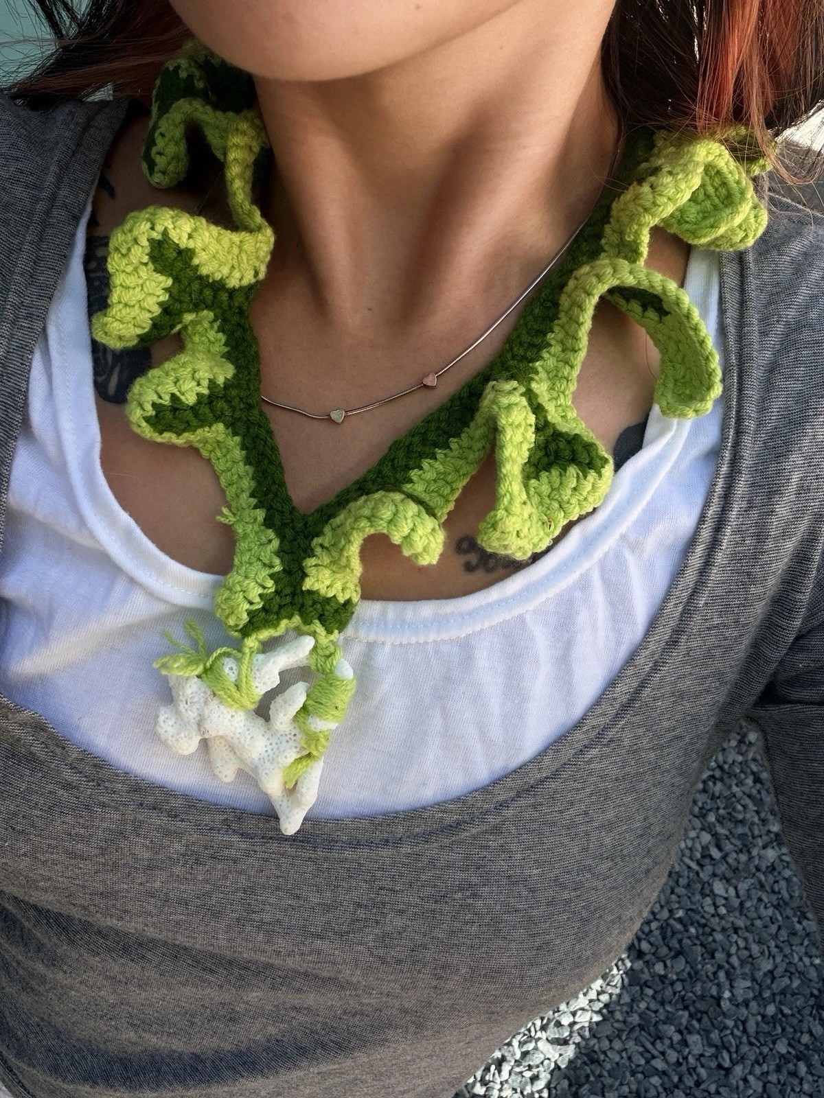 Handcrafted Green Fabric Rope Necklace with White Charm Pendant, Adjustable
