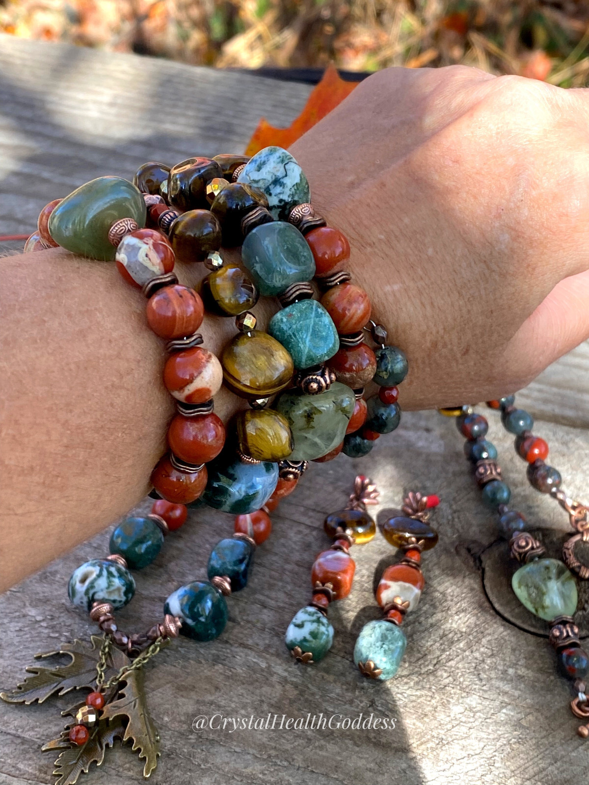 Red Autumn Multi-Gemstone Statement Jewelry Set Necklace + Bracelet + Earrings