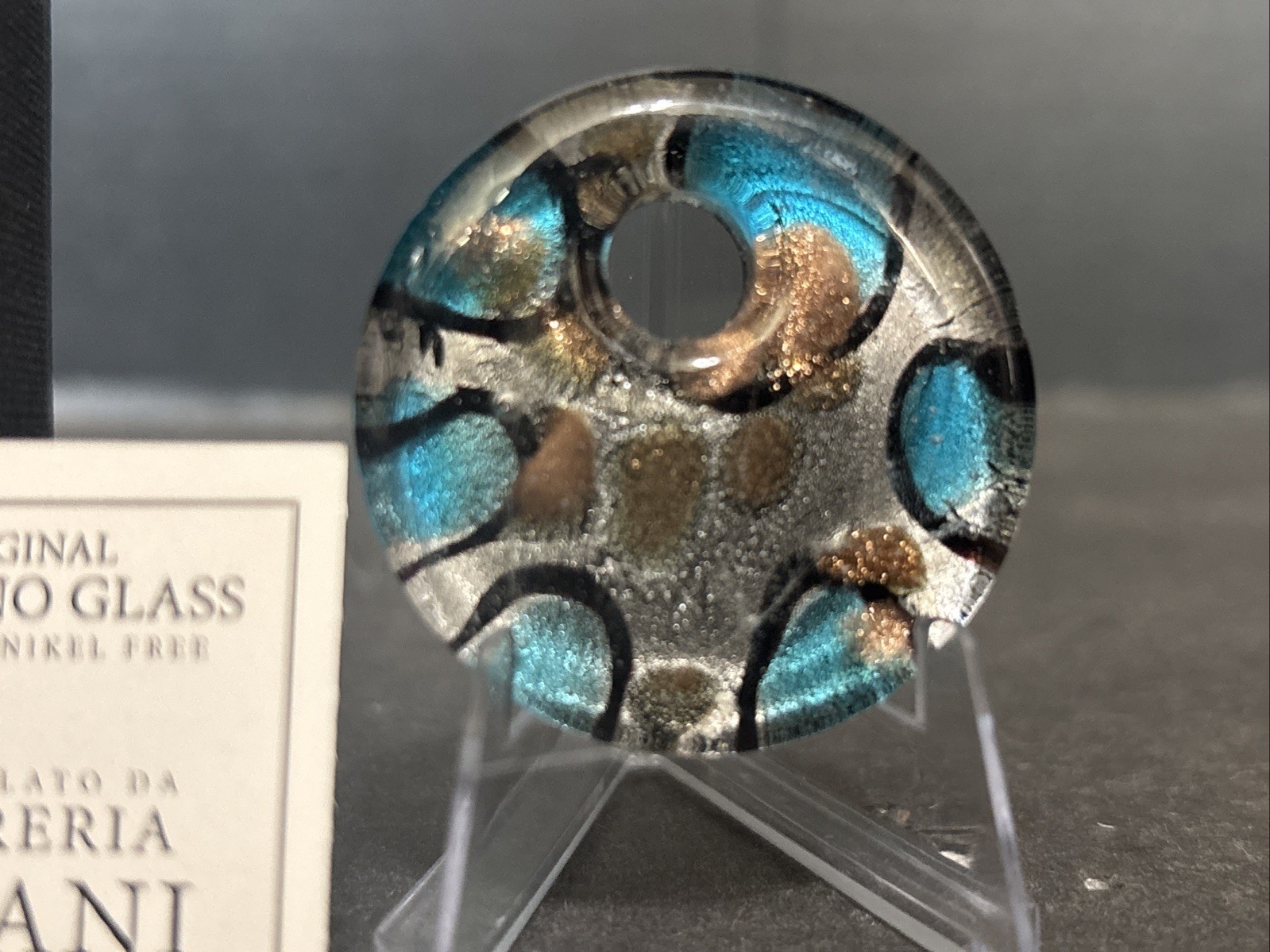 Authentic Vetreria Pisani Murano Glass Donut Pendant ONLY Blue Gold Aventurine