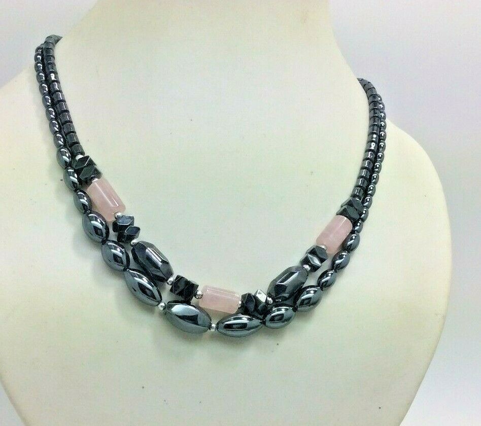 2 Hematite Bead 17- 18″ Necklaces Rose Quartz + Graduated Ovals