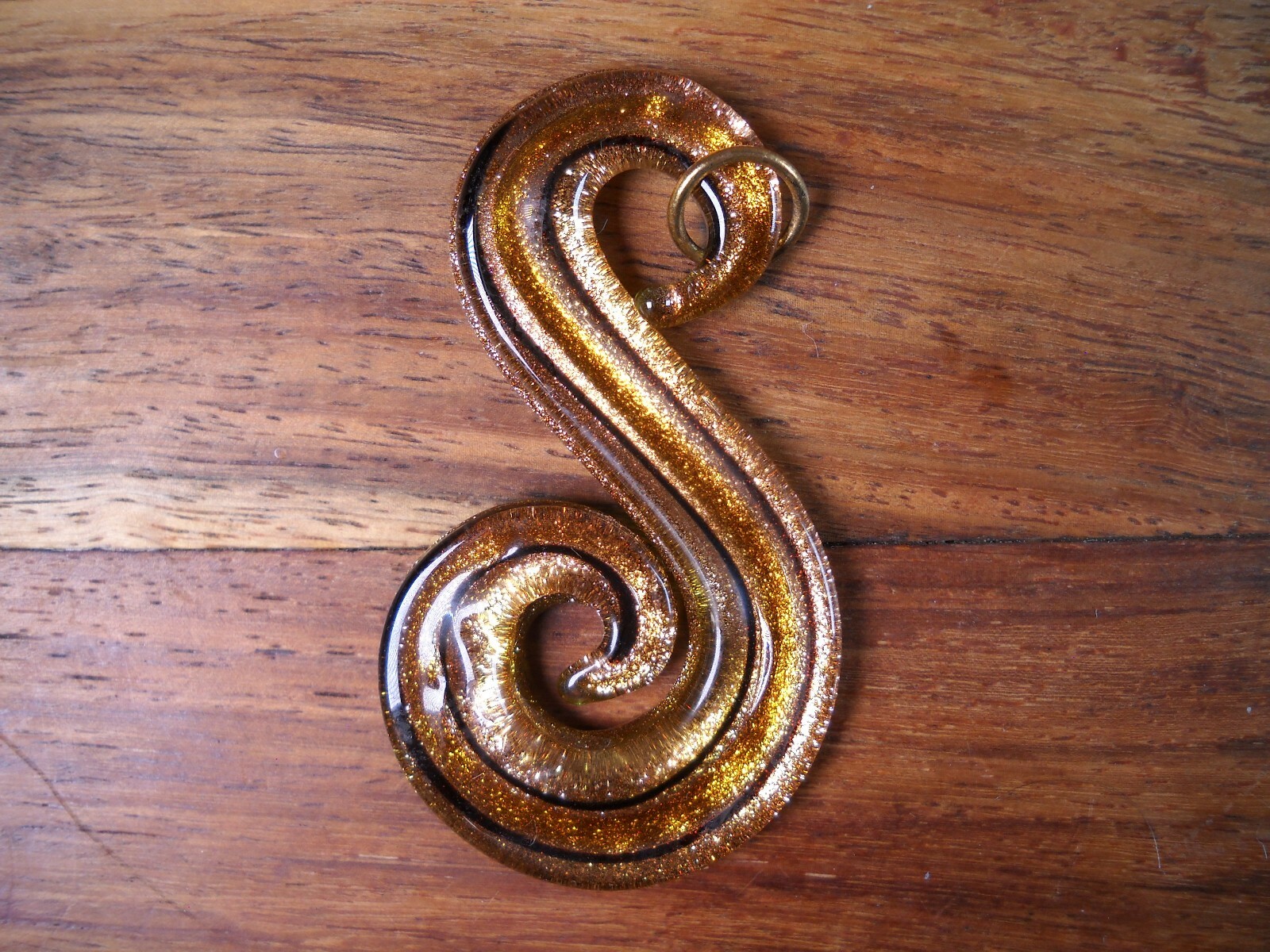 Aventurine glass Letter “S” art pendant copper and black 2.25″ long Excellent