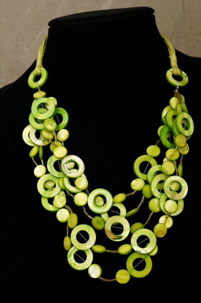 Artisan Crafted Jewelry Spring Sap Green Shell Circle Dot Multi Strand Necklace