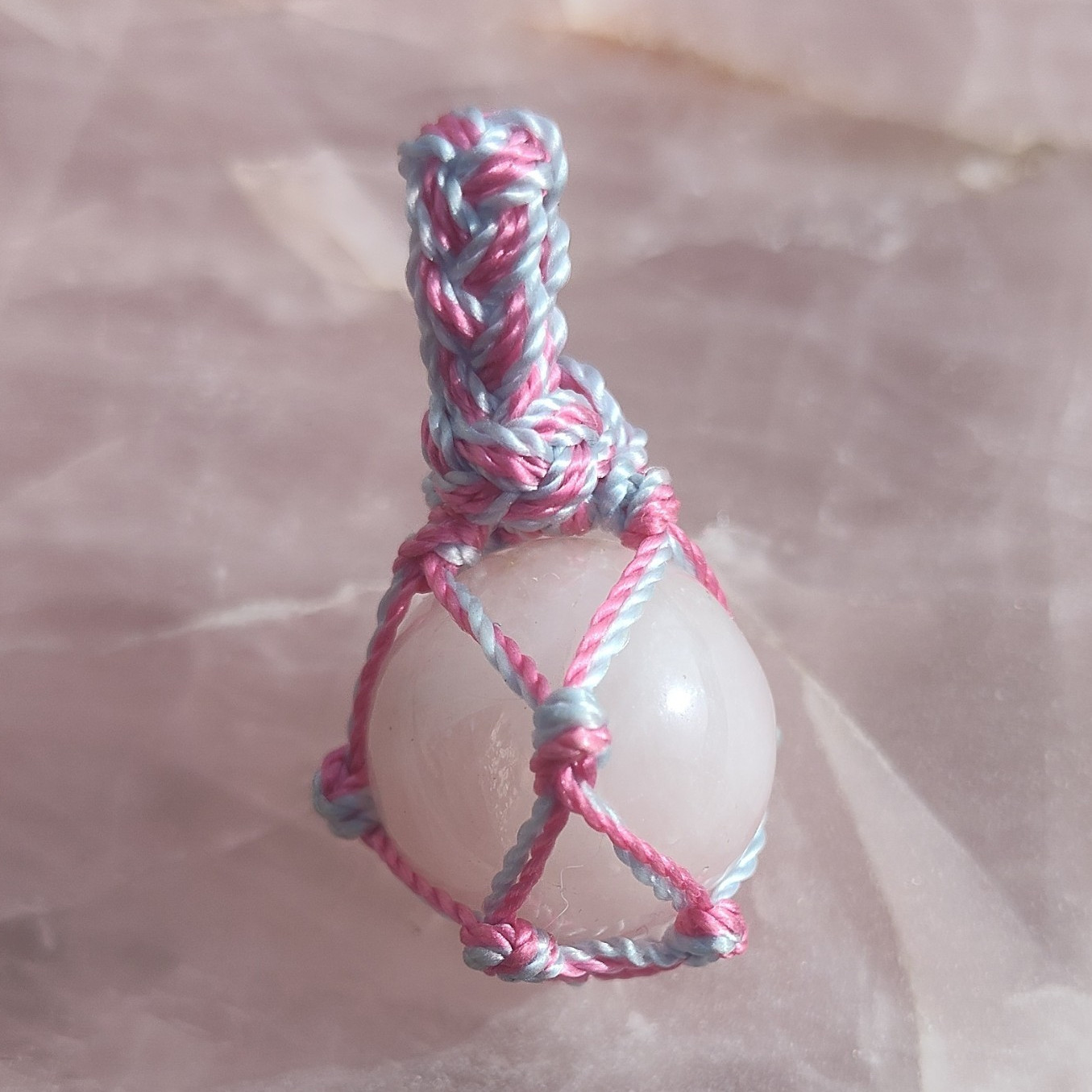 Pink Rose Quartz Round Pendant Handcrafted on Pink & Blue Nylon Cord cundi-kass