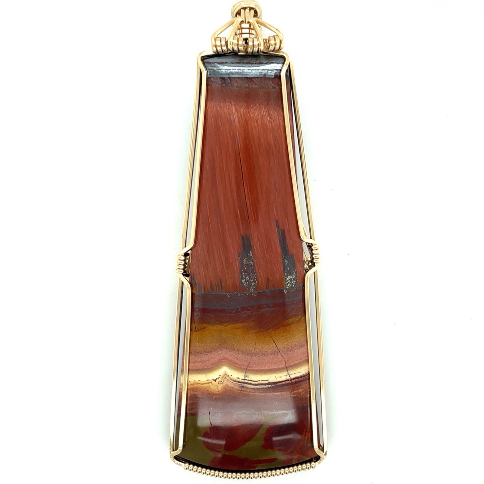 Large 14k Yellow GF 3.5” H Wire Wrapped Elongated Red Tiger Eye Pendant 39.9 Gr.