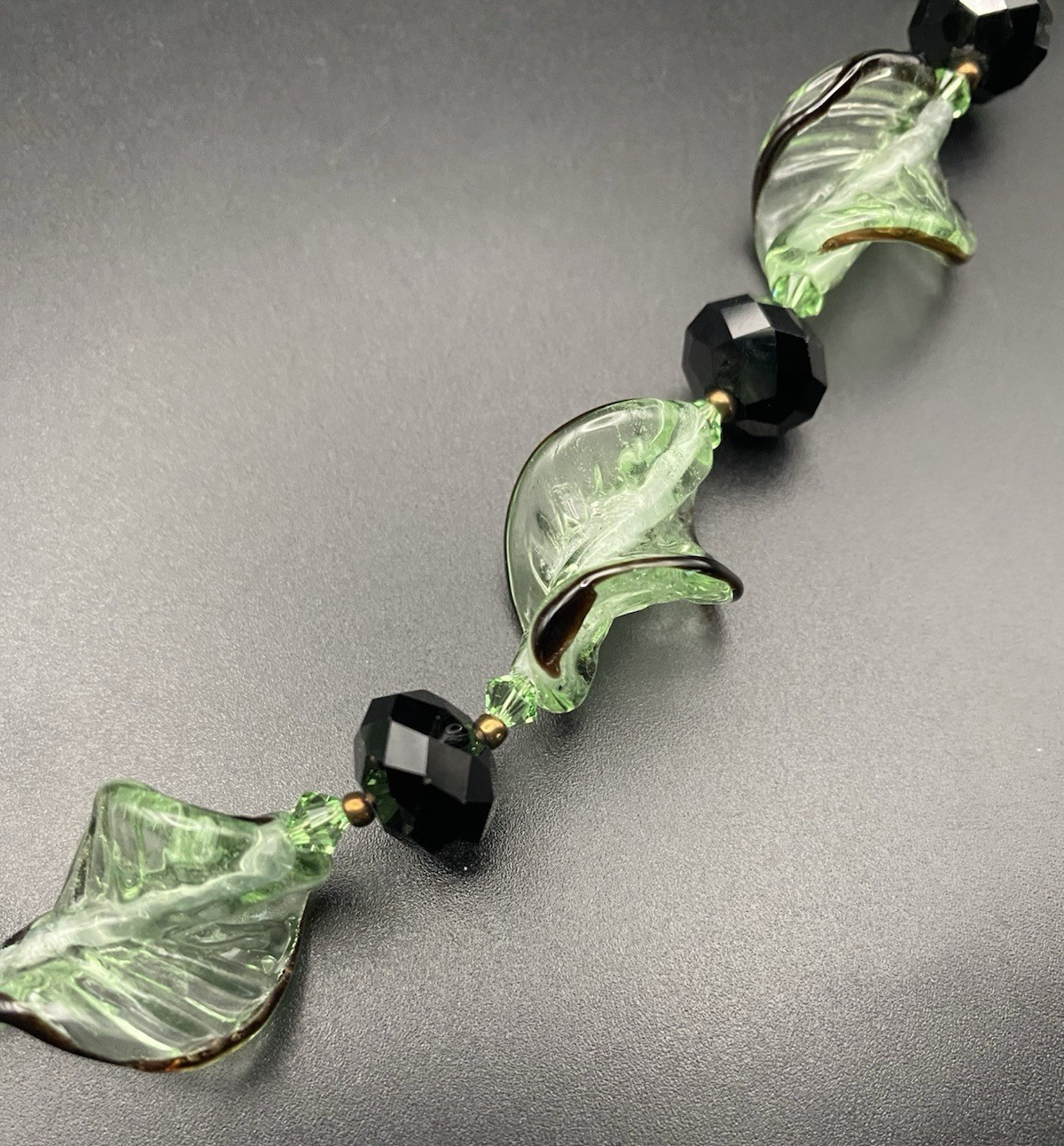 Artisan Green Murano-Style Glass Leaf Bead Black Faceted Copper Necklace 24+4″