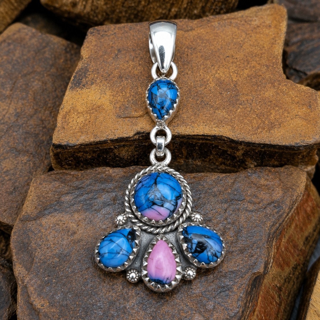 Multicolor Mojave Turquoise Cluster Pendant Sterling Silver Southwestern 925