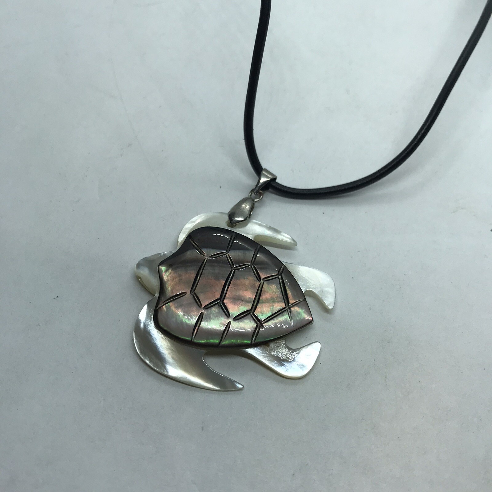 Vintage Carved Mother of Pearl Sea Turtle 18KGP Pendant with corded Necklace