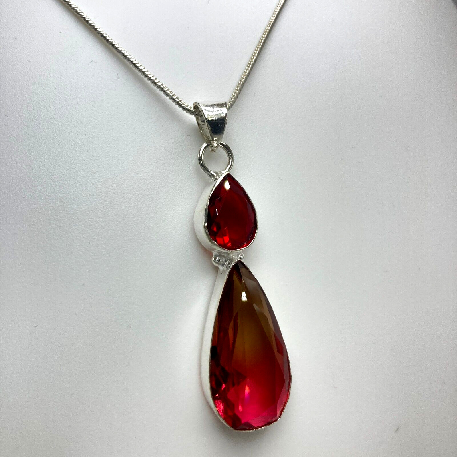 Bio Tourmaline Quartz Garnet Pendant Necklace Sterling Silver 2.3″ FREE CHAIN