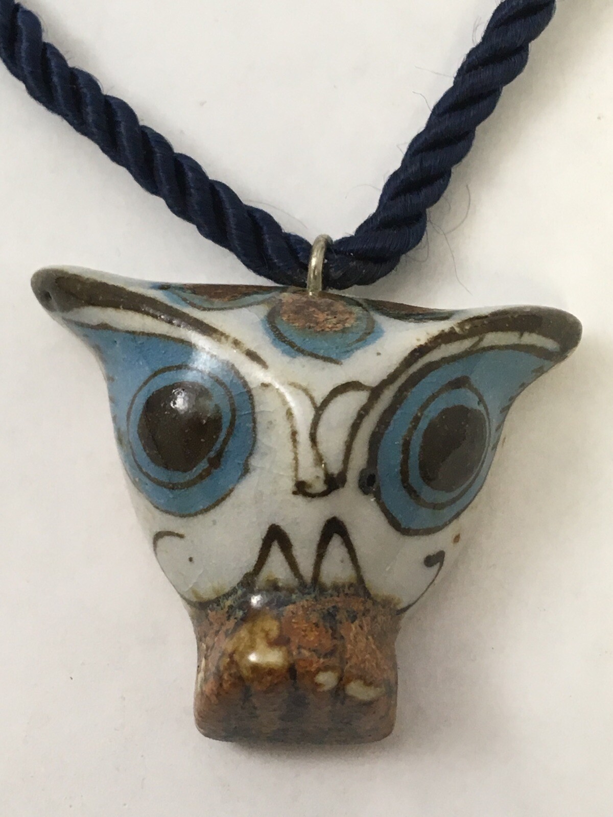 Blue Owl Ceramic Pendant Necklace Hand Painted Signed Artisan Figurine