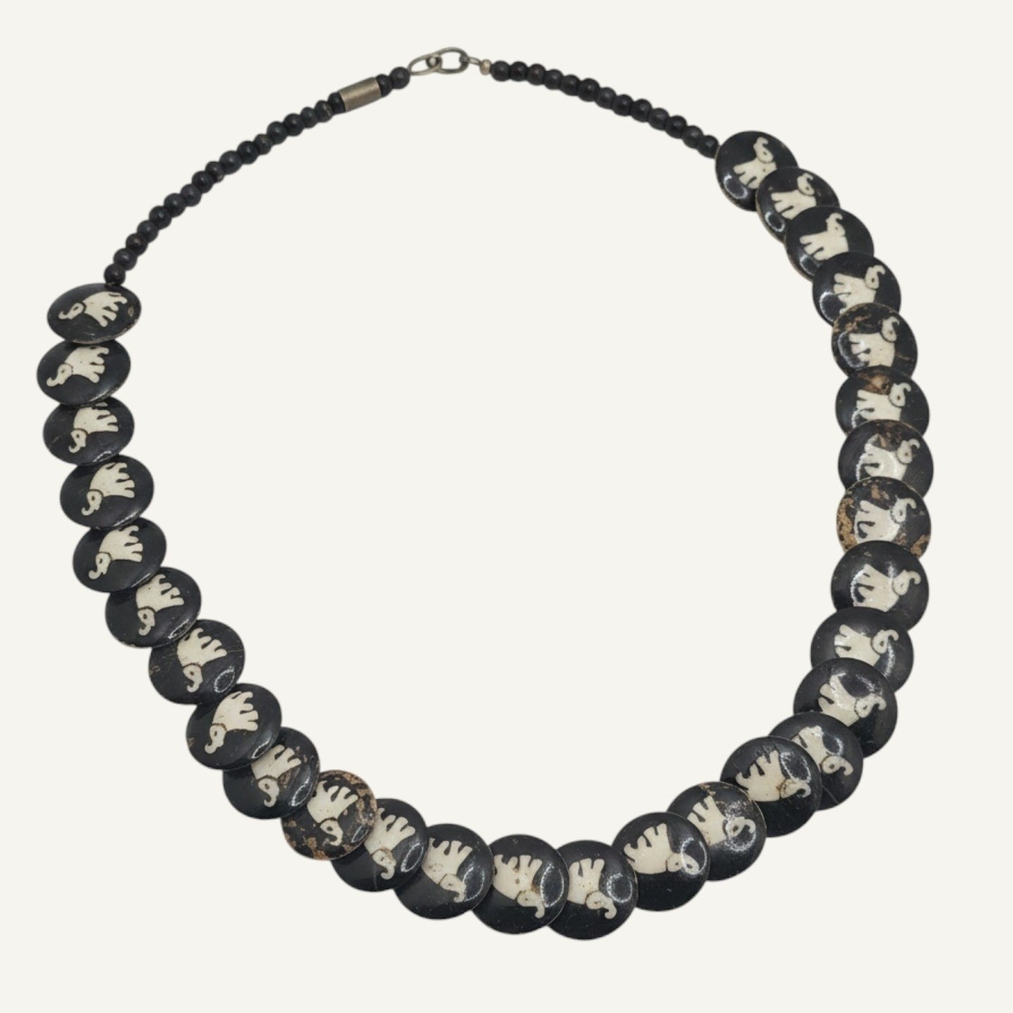 Boho Artisan Wood Disc Elephant Inlay Necklace Black Cream 16 Inch Tribal Hippie