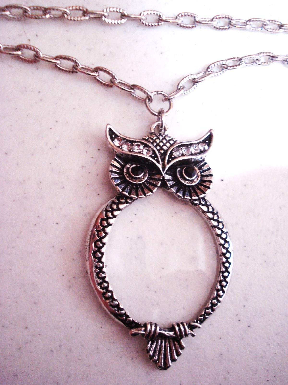 Magnifying Owl Pendant on a Silver Plated Textured 32″ Chain Necklace