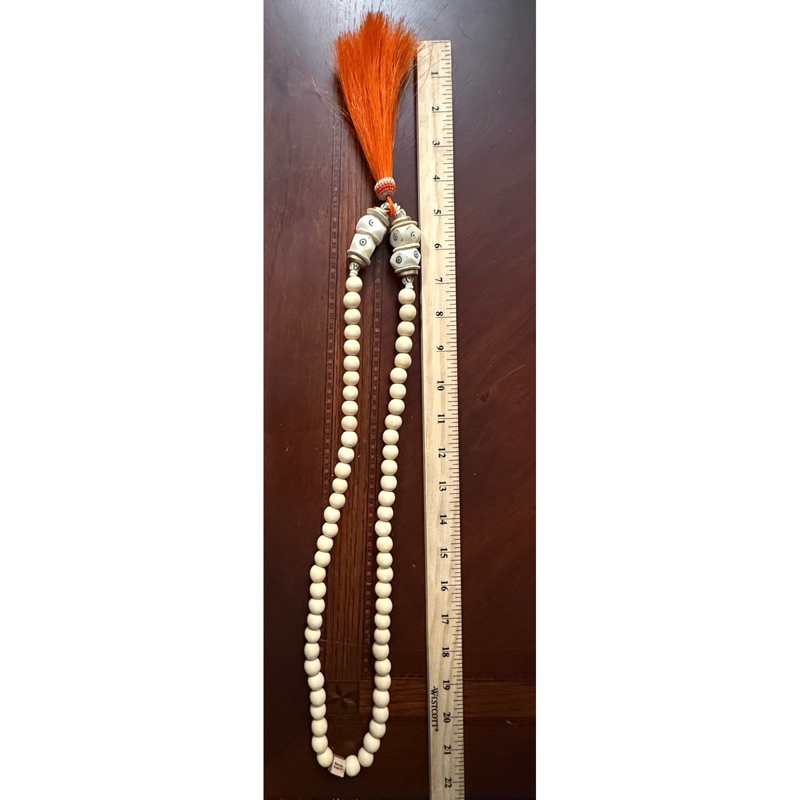 Carolina Strung Wood Bead Horsehair Tassel Necklace Boho Tribal Eye Motif Long