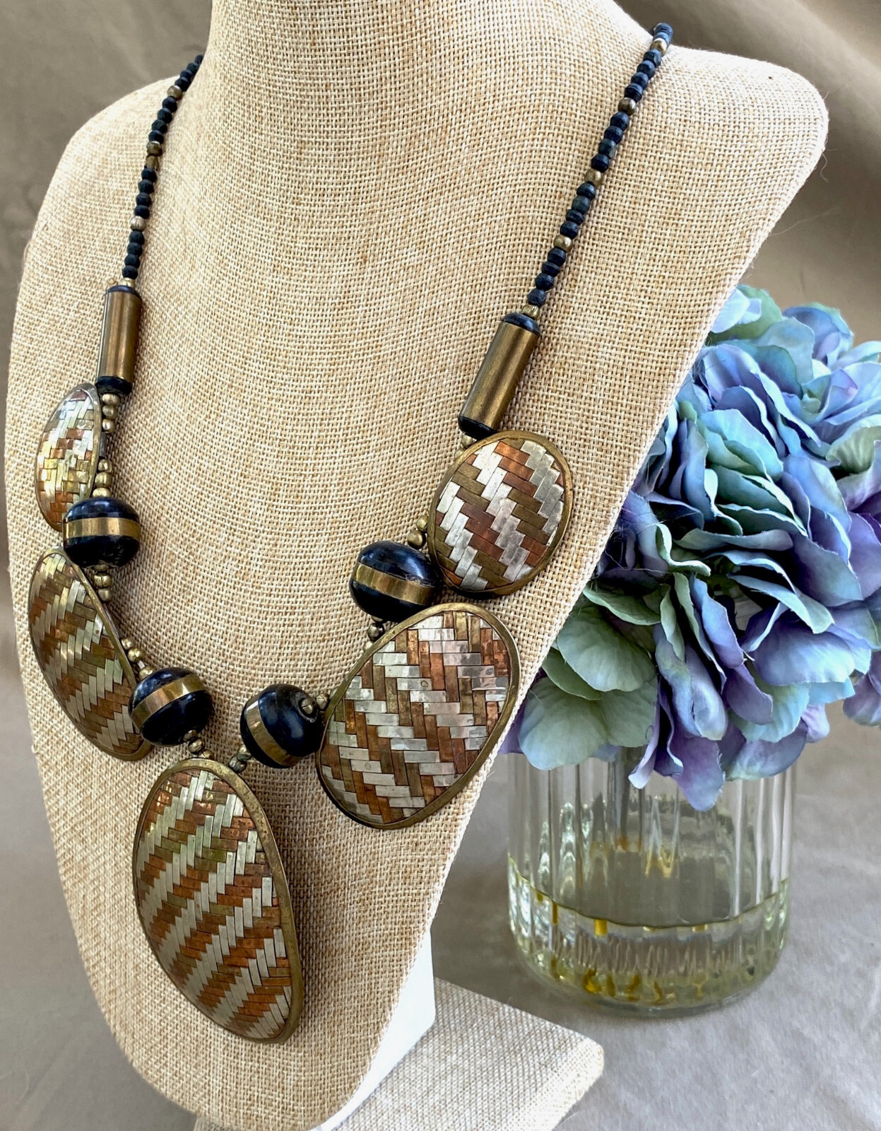 Vintage Boho/Tribal Hand Woven Wrought Brass & Copper Necklace 24″ Long