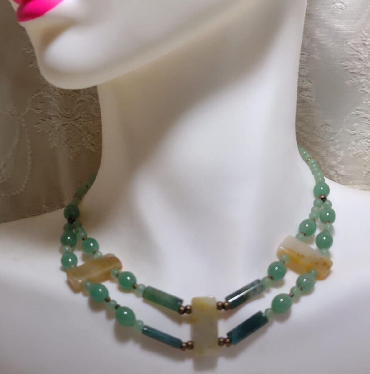 Green and cream natural stone, Green Chalcedony, jadeite and agate necklace