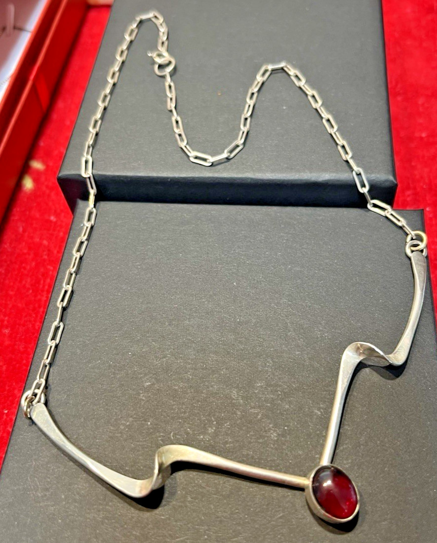 Vintage Sterling Silver 925 ZigZag Pendant & Oval Garnet Paperclip Necklace 17″L