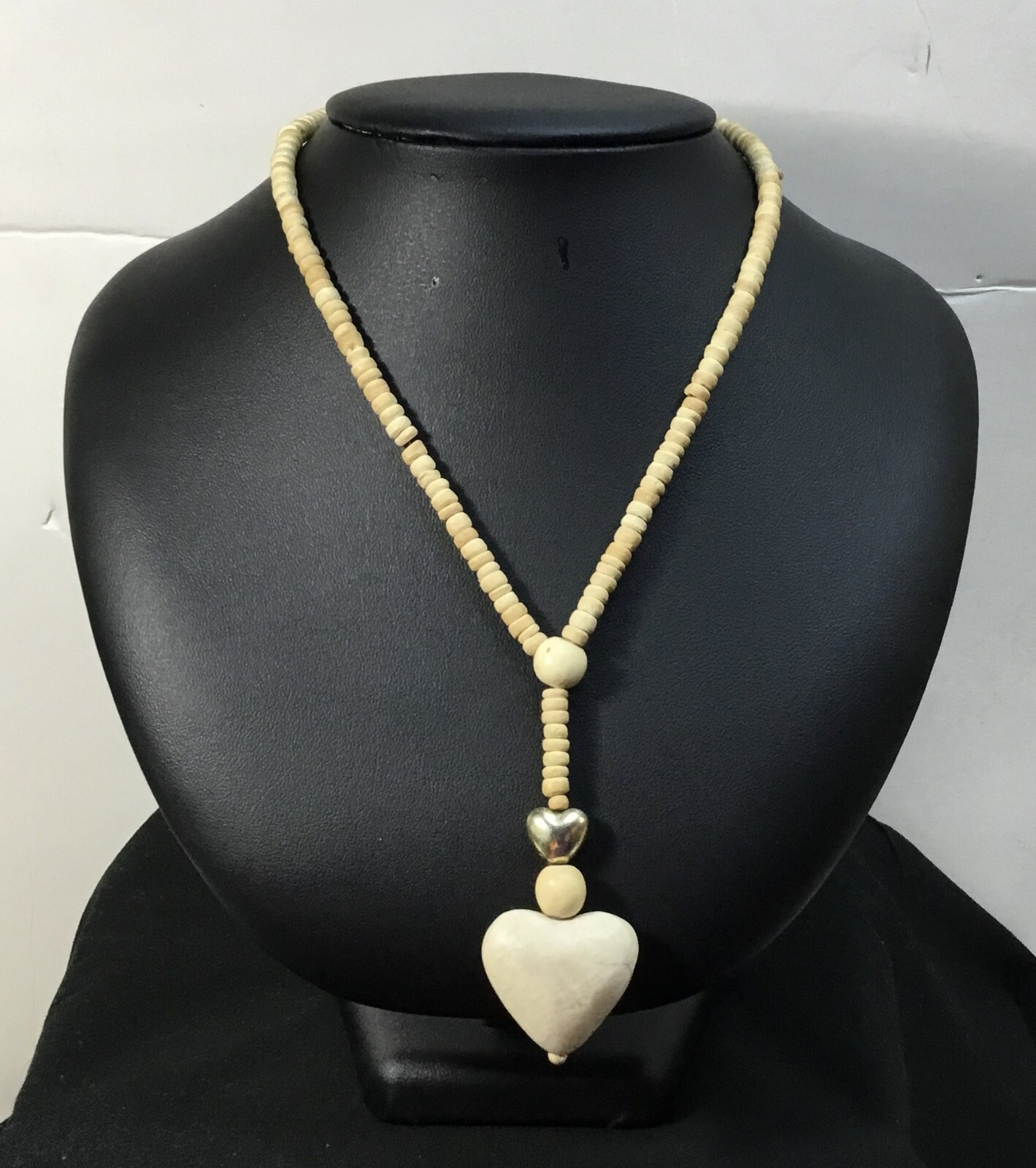 Natural wood and jasper necklace, 16″ wood rondels, jasper heart pendant 3″