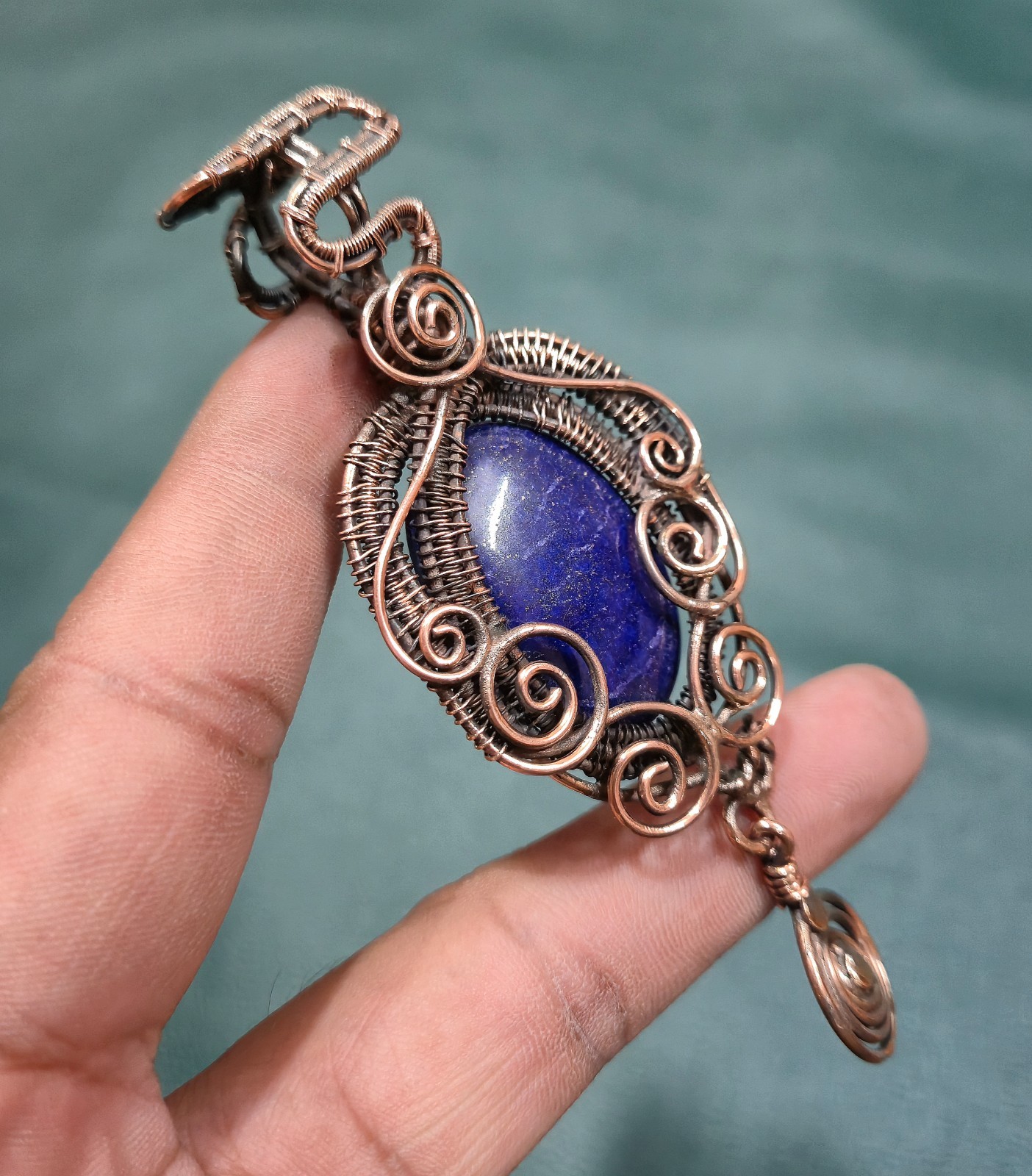 Lapis Lazuli Wire Wrapped Pendant Copper Handmade Statement Gemstone Jewelry