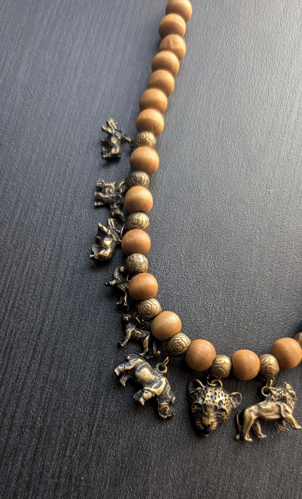 African Animal Charm Pendant Necklace Brass Lion Rhino Cheetah 24″ Handmade