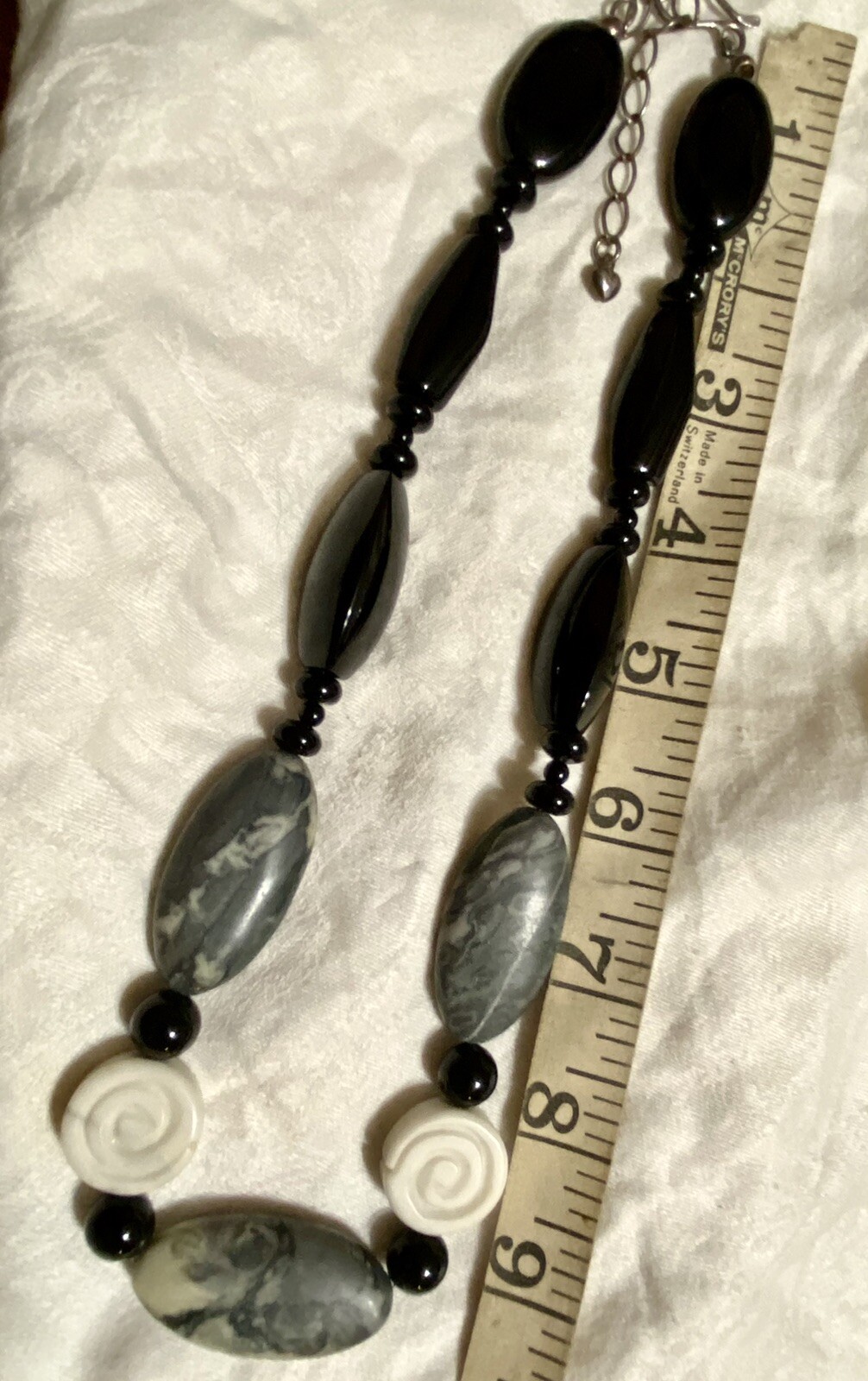 Fashion Artisan Necklace of Picasso Jasper Carved Howlite and Onyx – Classy Fun