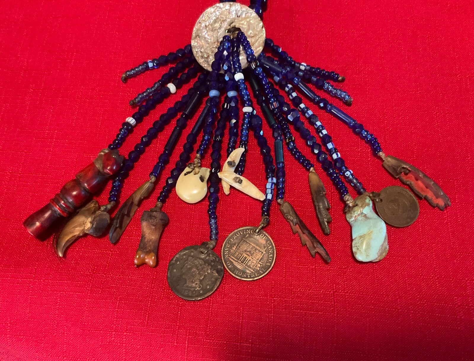 Vintage Medicine Man Fetish Necklace Cobalt Beads Old Coins Turquoise Abalone