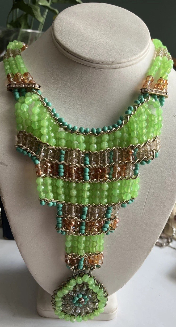 Handmade Necklace Glass Beads Silver Tone Chain Uranium Gold tone Wire Vintage
