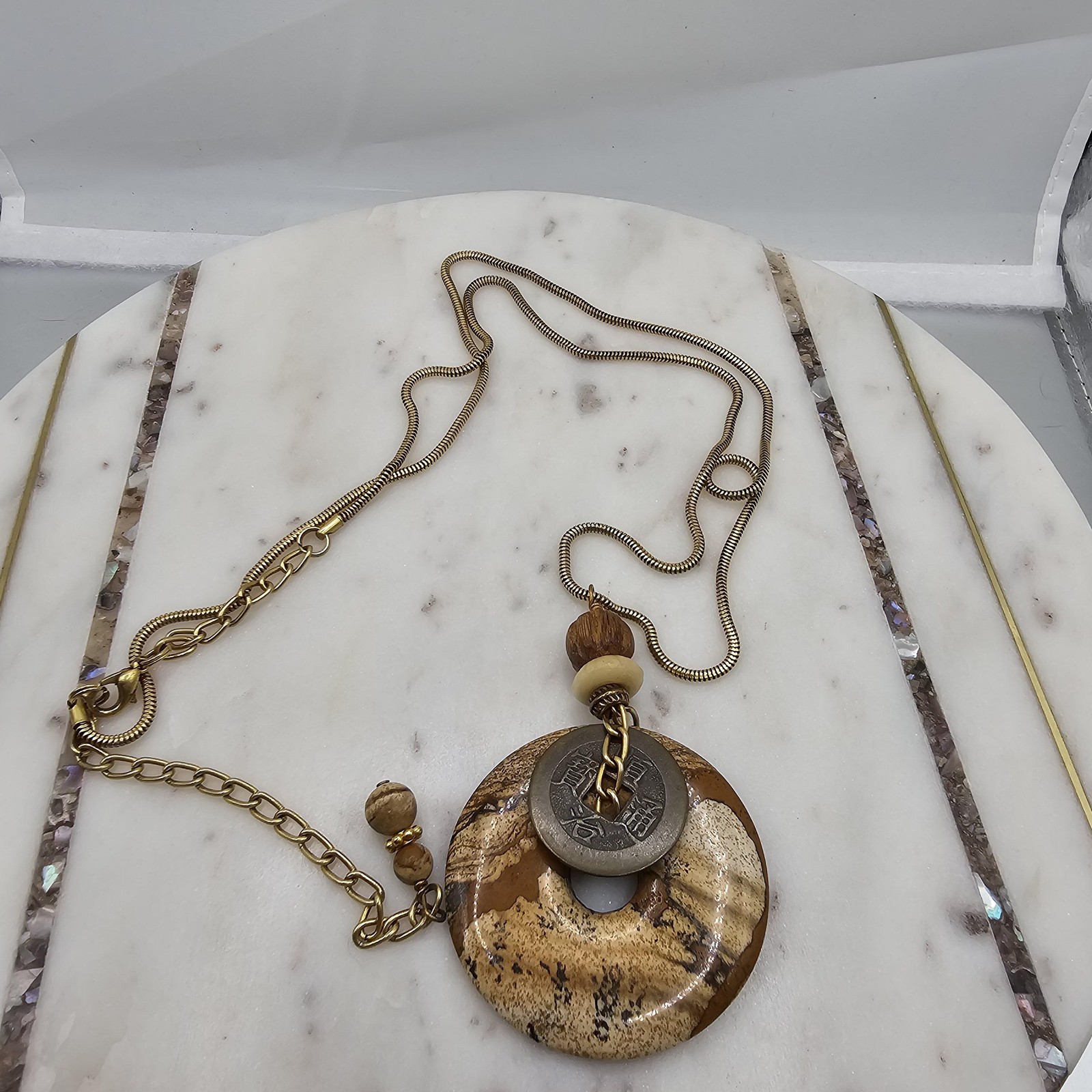 Vintage Jasper Pendant Necklace Gold Tone Asian Coin Beads Boho Statement 32in
