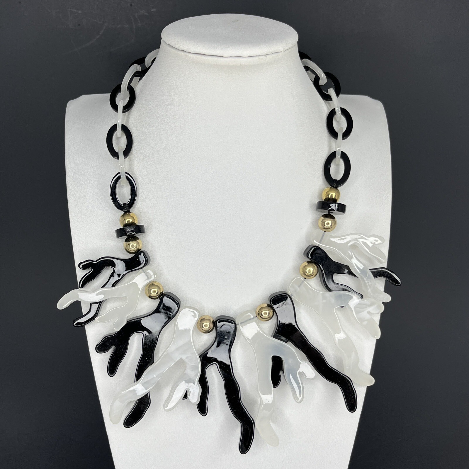 Lucite Resin Statement Necklace Black White Fringe Bib Chunky Modernist
