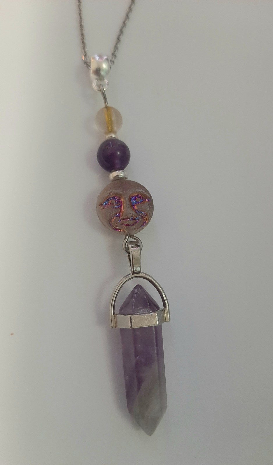 Genuine AMETHYST DT Crystal CITRINE Beads Glass Moon Face Pendant Necklace Wicca