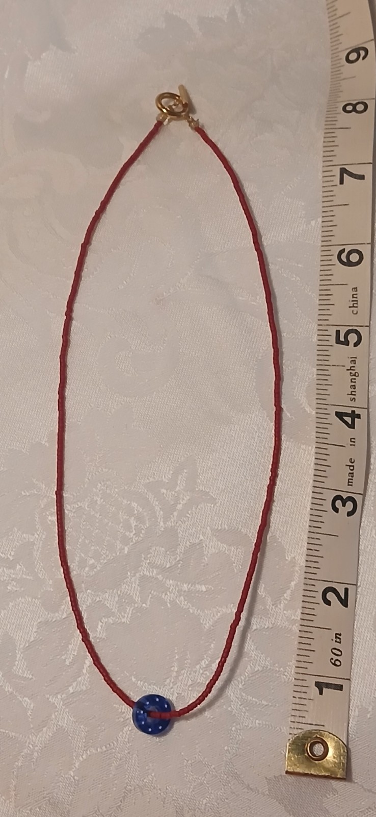 Tiny Red Artisan Beaded Necklace, Blue Hole Bead, White Stars, Clasp Hook,8″
