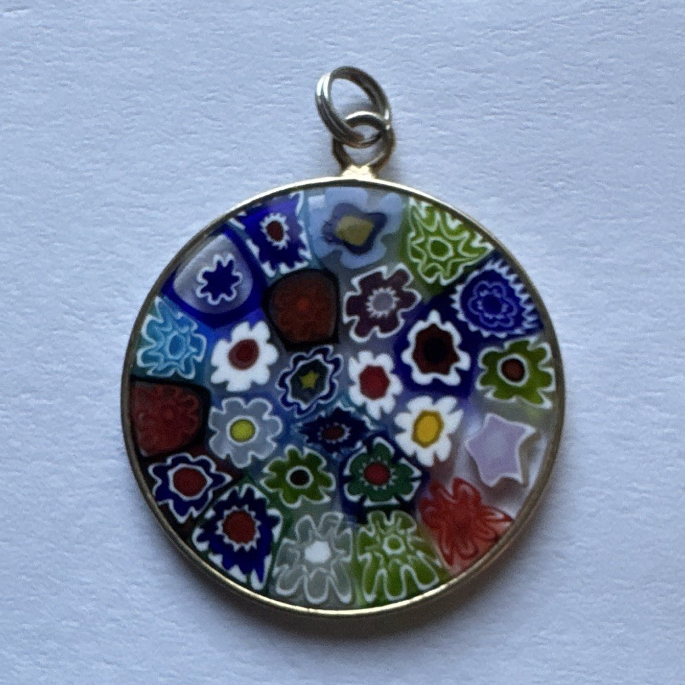 Round Multicolor Millefiori Glass Charm Pendant, Bezel Set, Floral Theme