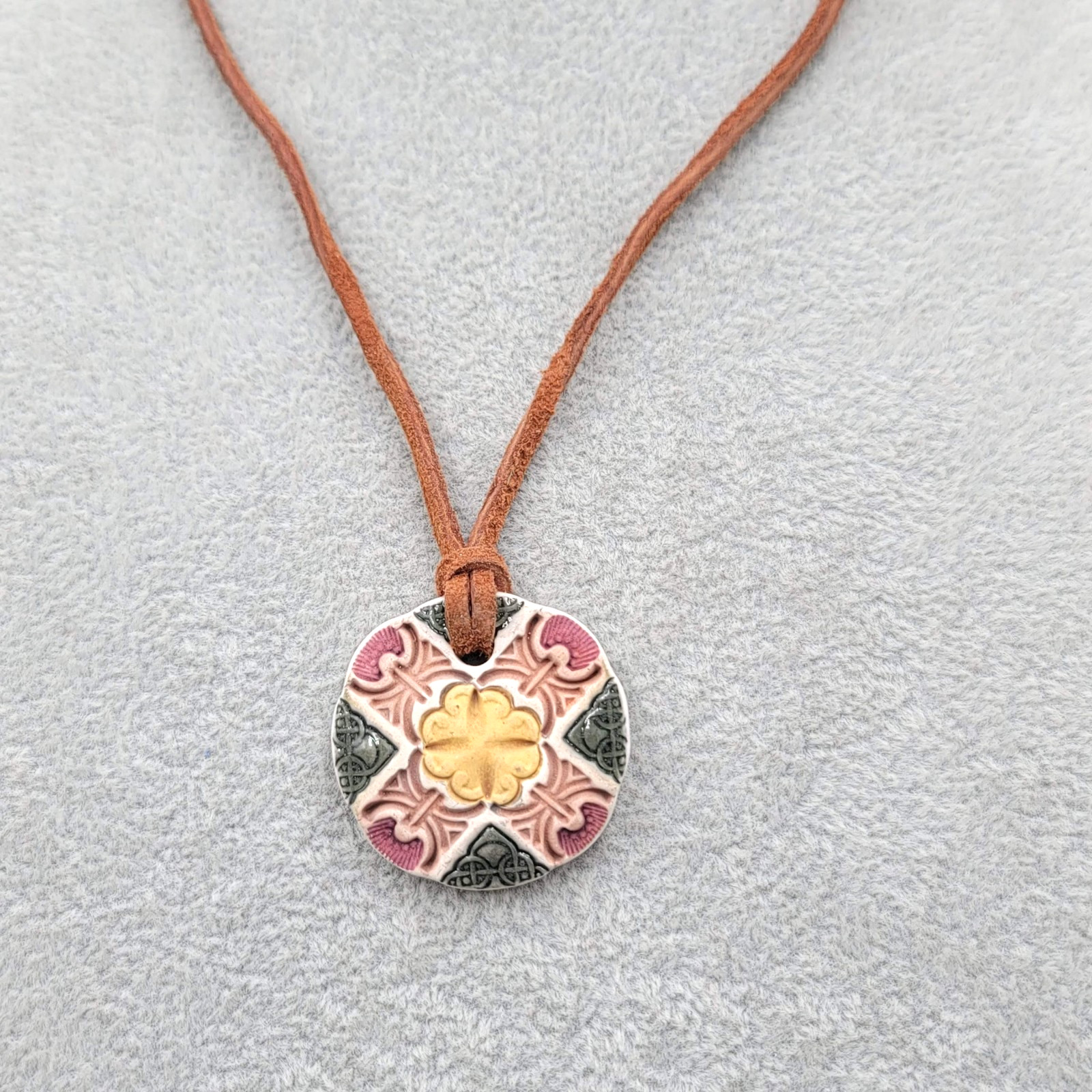 Artisan Hand Crafted Pottery Pendant Beaded Necklace Brown Leather Cord Adj