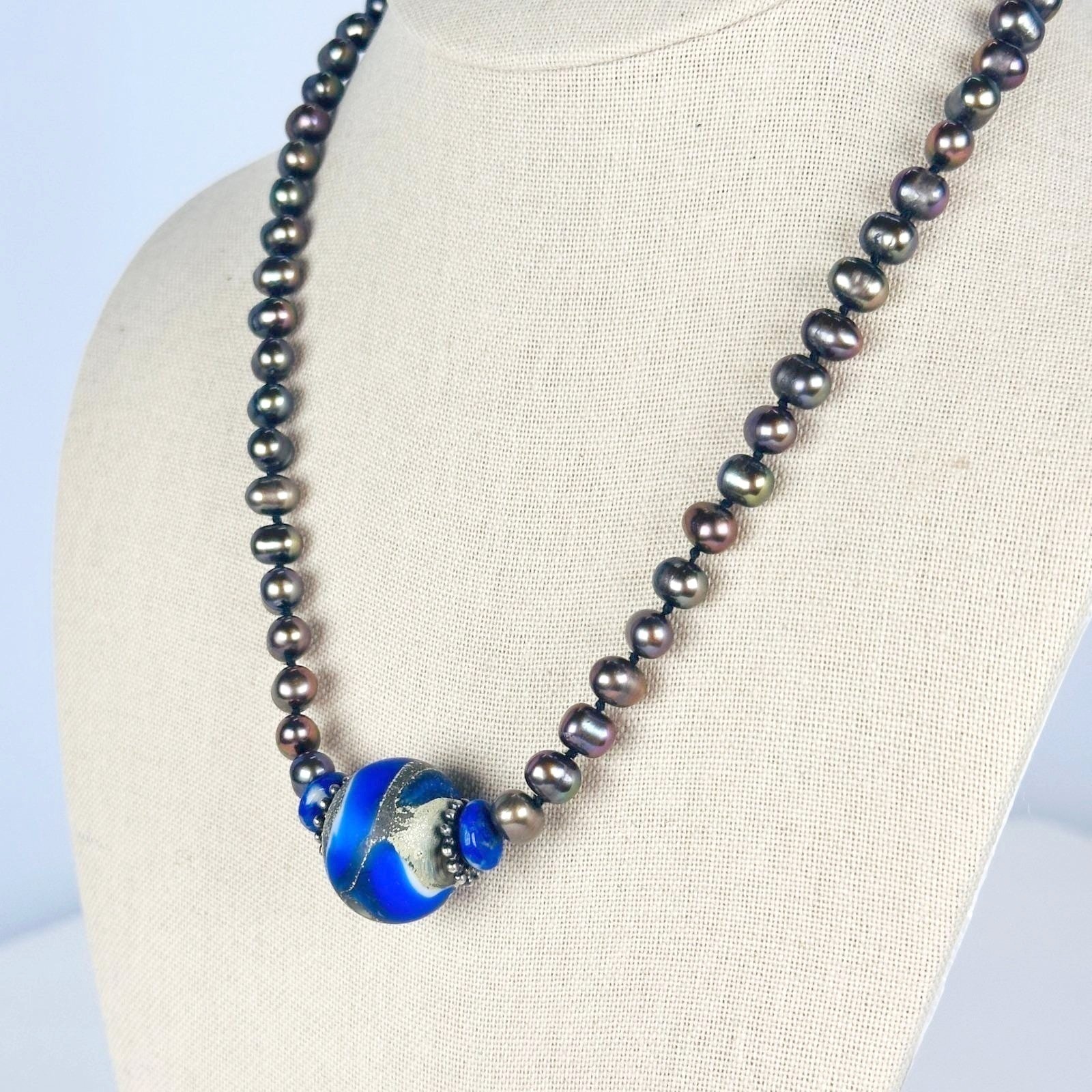 OOAK Peacock Pearl Cobalt Blue Art Glass Bead Statement Necklace S-Hook Clasp