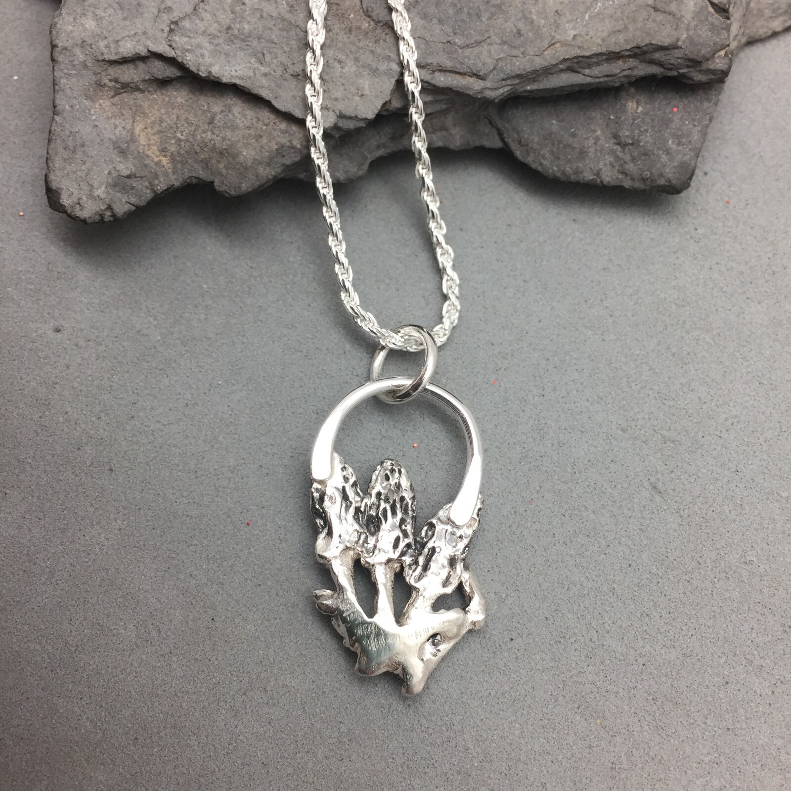 Sterling Silver Morel Mushroom Pendant Triple Morels 20″ Brook in The Thicket