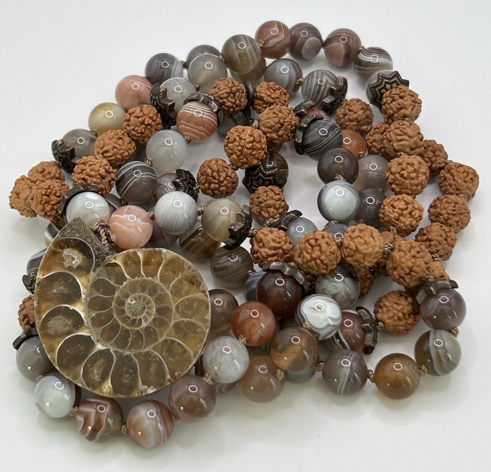 Handmade Mala Necklace Ammonite Fossil Pendant ,Rudraksha Seeds and Agate Beads