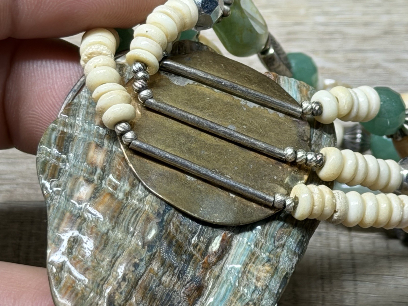 Unmarked Sterling Silver Sajen Carved Goddess Abalone & Gemstone Bead Necklace