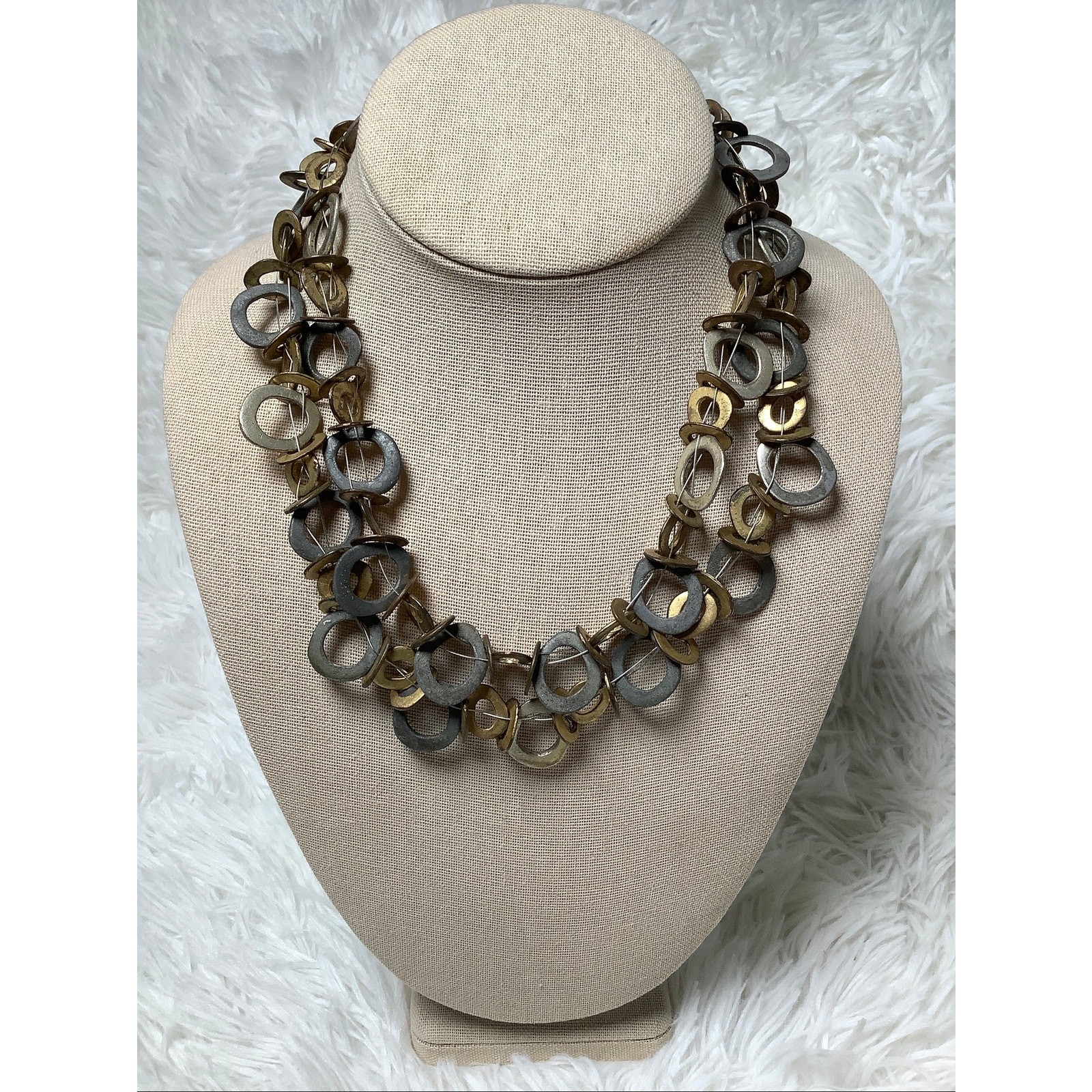 Chicos Silver Gold Tone Mixed Metal Chunky Hoop Ring Statement Necklace A5-20