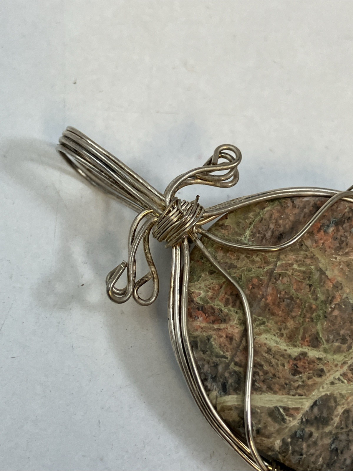 Silver Wire Wrapped Polished Unakite Jasper Pendant