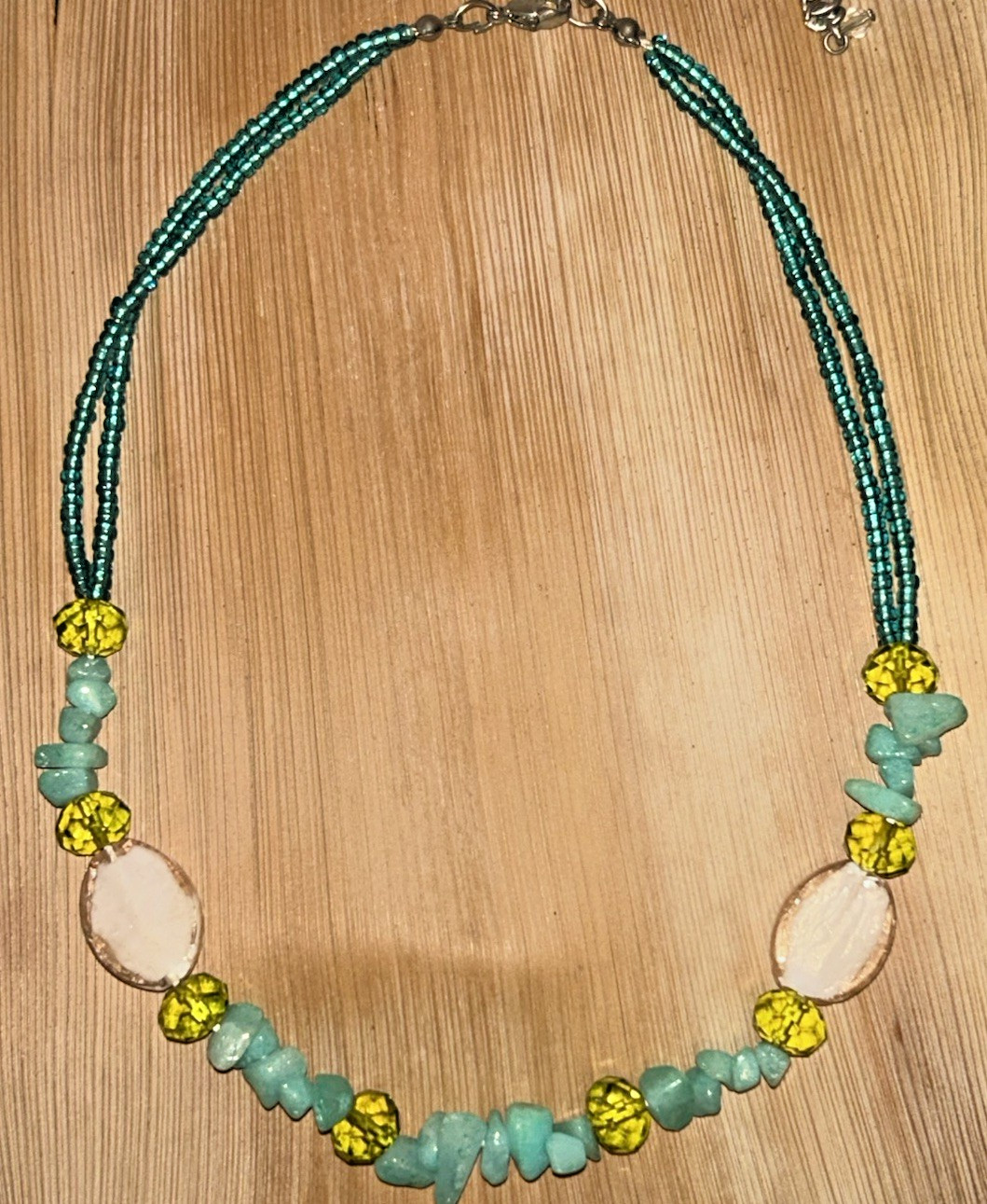 Handmade Boho Beach Teal Seed Bead Turquoise Chip Shell Statement Necklace 16″