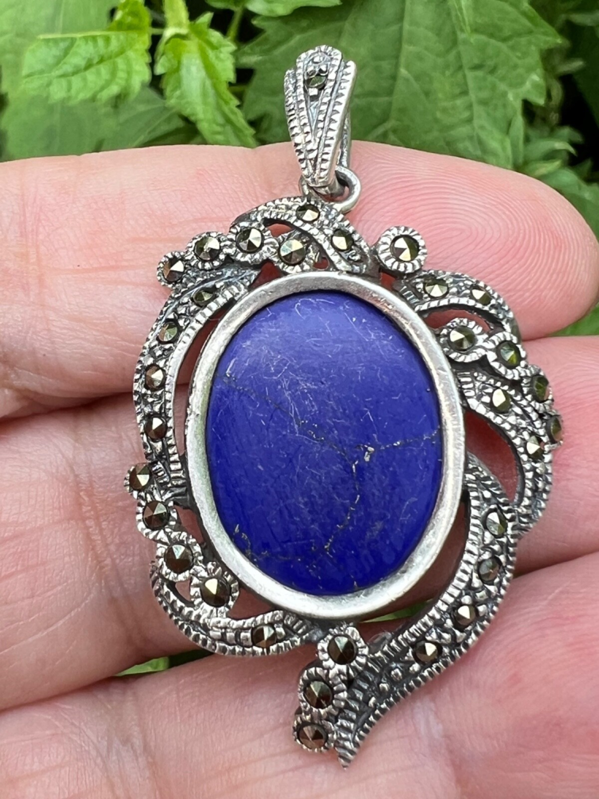 DESIGNER 925 STERLING SILVER LARGE LAPIS & MARCASITE NECKLACE PENDANT HALLMARKED