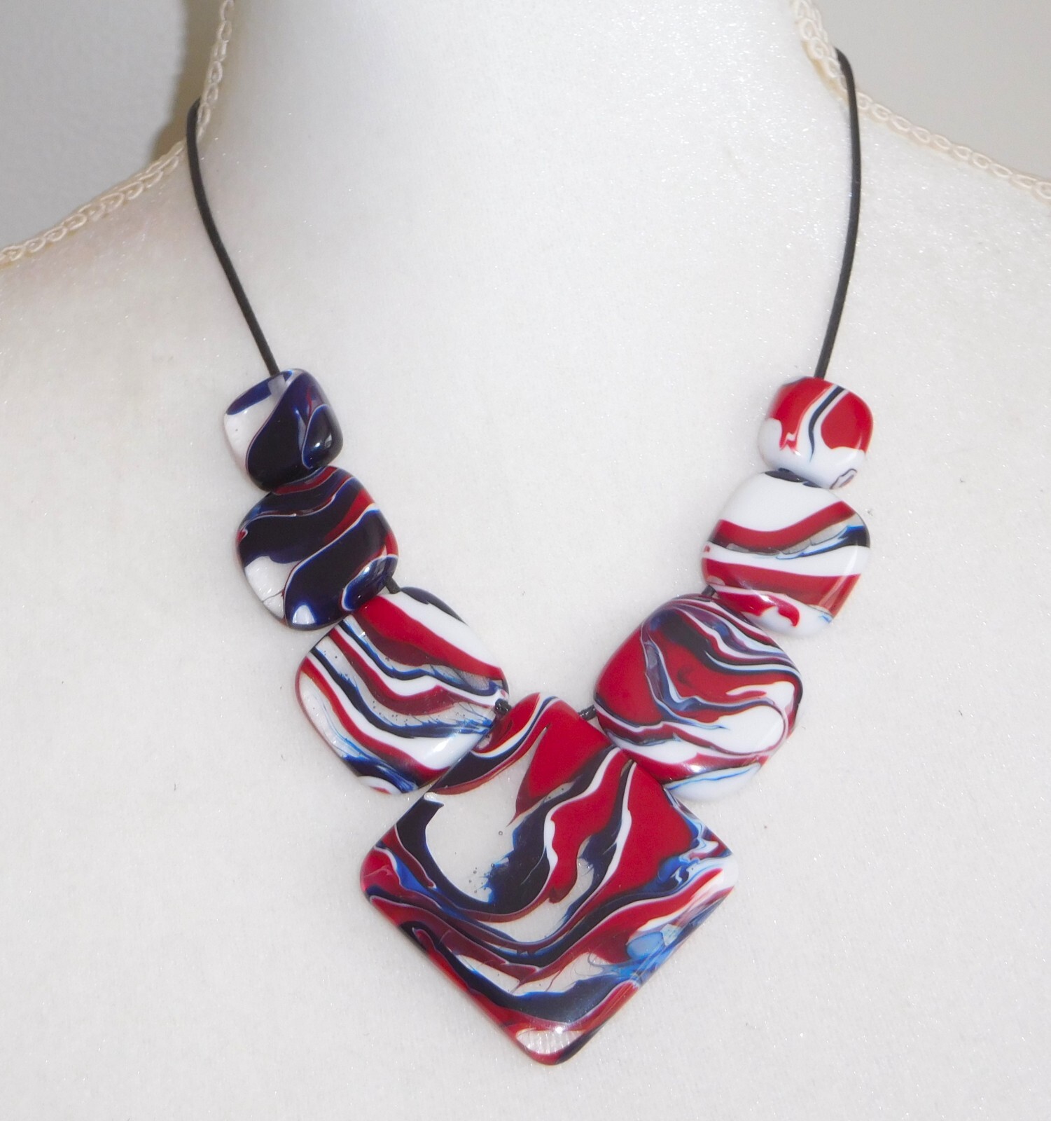 Sobral Marianne Marbled Red, White & Blue Bead Artist Made Statement Necklace
