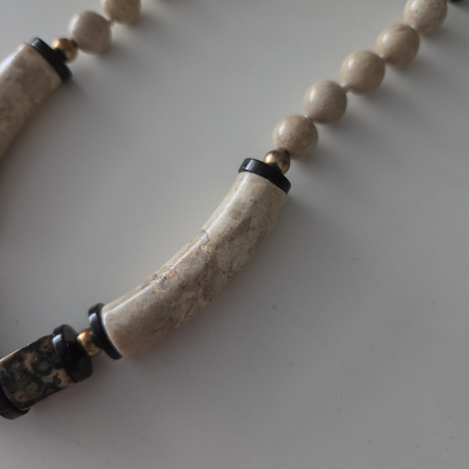 Polished Jaspar Leopard Skin & Onyx Knotted Beaded Stone Necklace