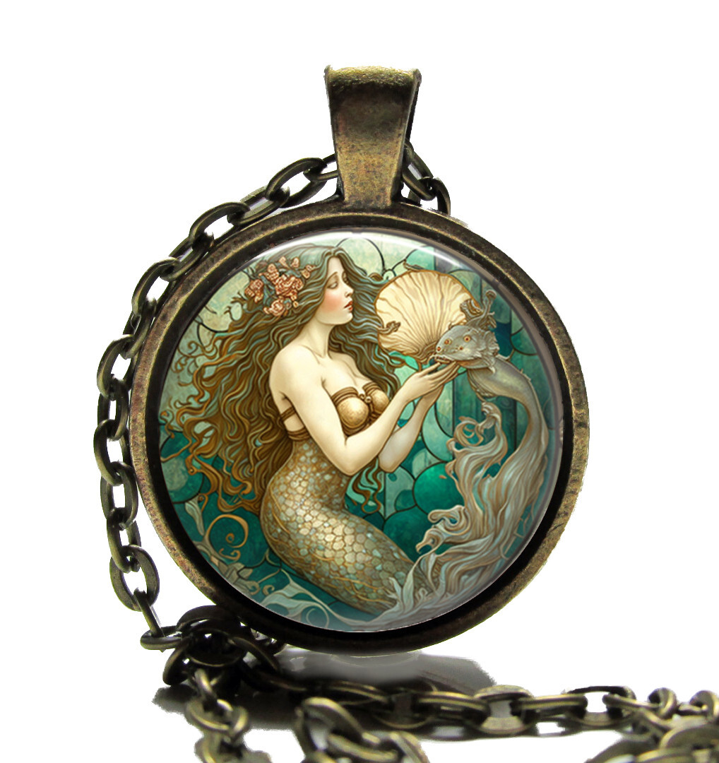 Mermaid Art Nouveau Glass Top Pendant Necklace Handcrafted Fantasy Photo Jewelry