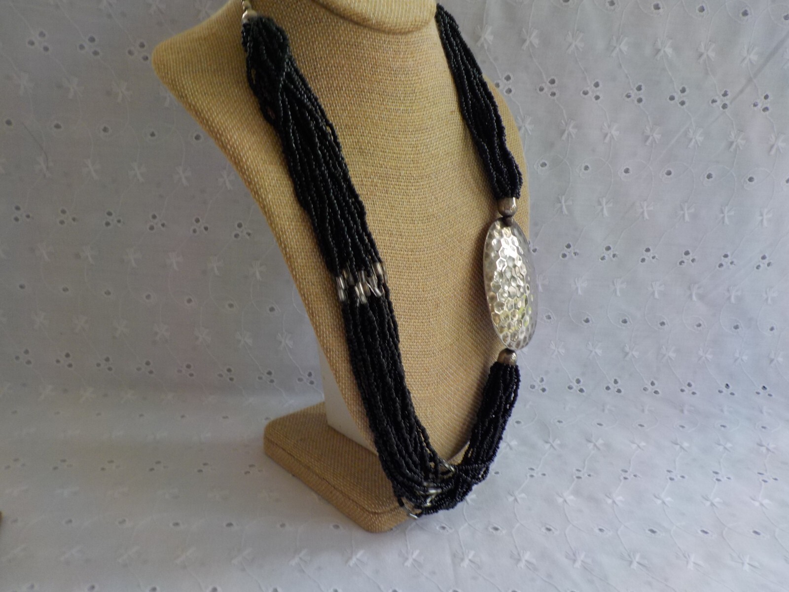 Multi Strand Black Seed Bead Necklace Oval Puffed Silver Tone Metal Hook Clasp