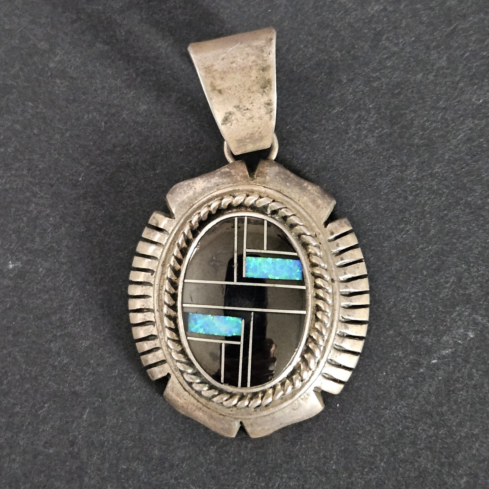 VTG Zuni Oval Pendant Inlay Mosaic Opal Onyx Sterling Silver Native American 2″