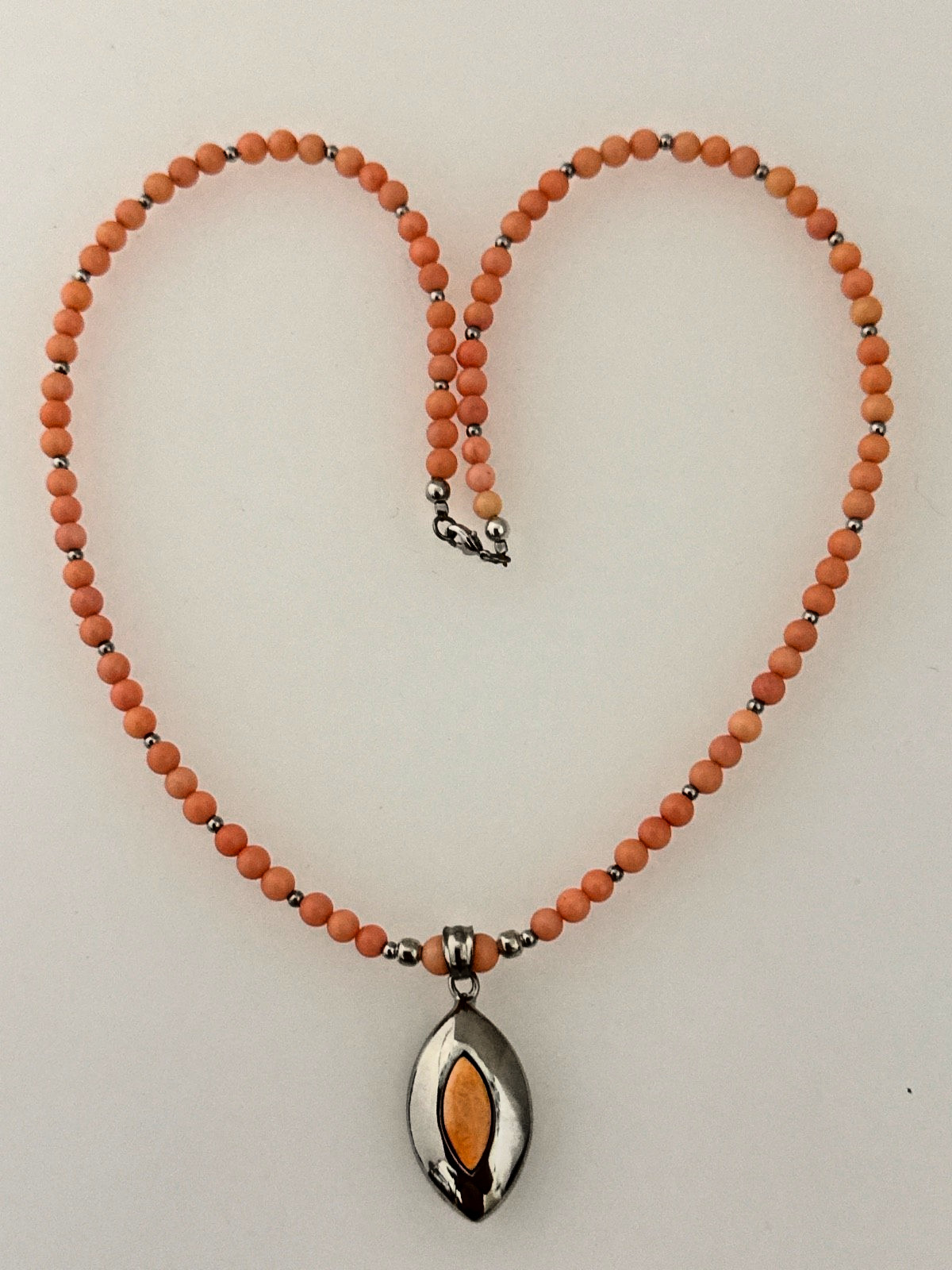Rhodium 3/4″ x 1 1/2″ Marquise Shape Pendant 4mm Coral Beaded 20.5″ Necklace A6
