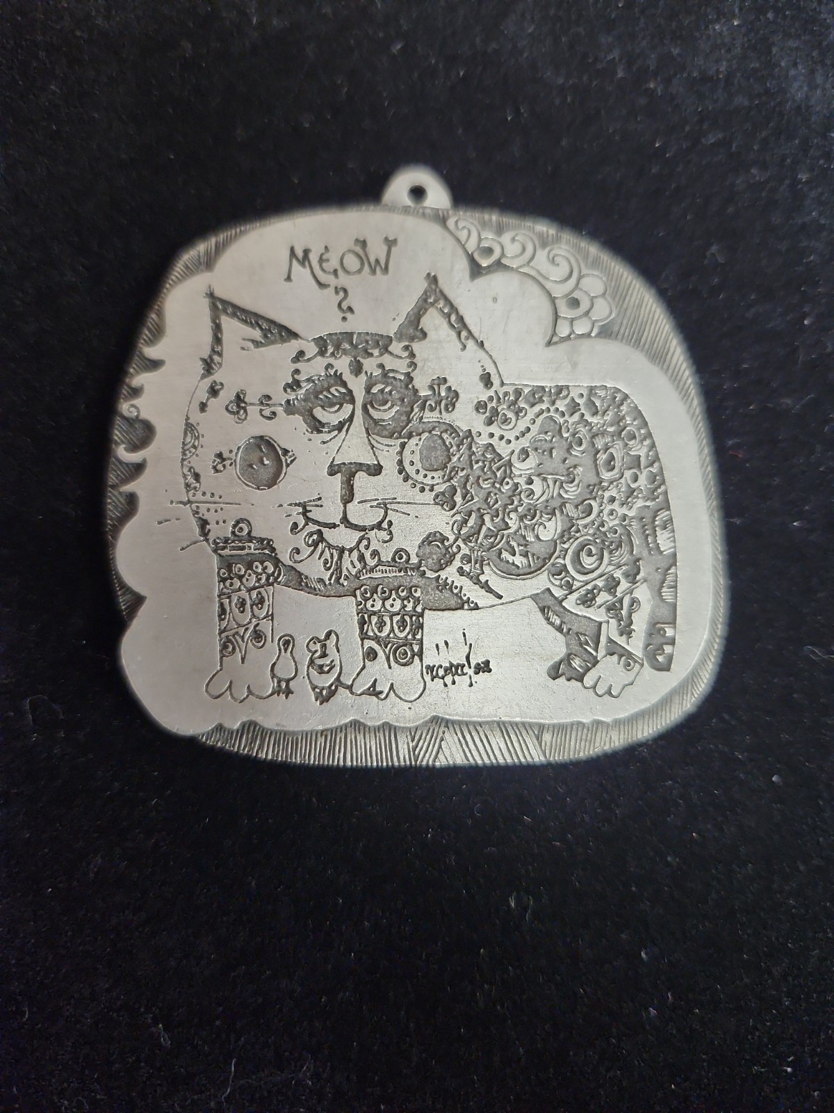 Don Nedobeck 1976 Cat Meow Bird Pendant Double Sided Detailed Vtg Rare Folk Art
