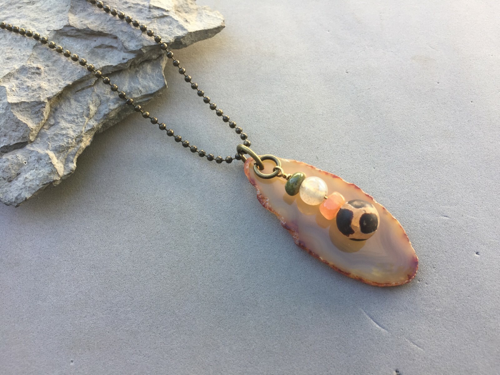 Banded Agate Pendant Carnelian Accent Bead 24″ Ball Chain Brown Earthtone 2 1/2″