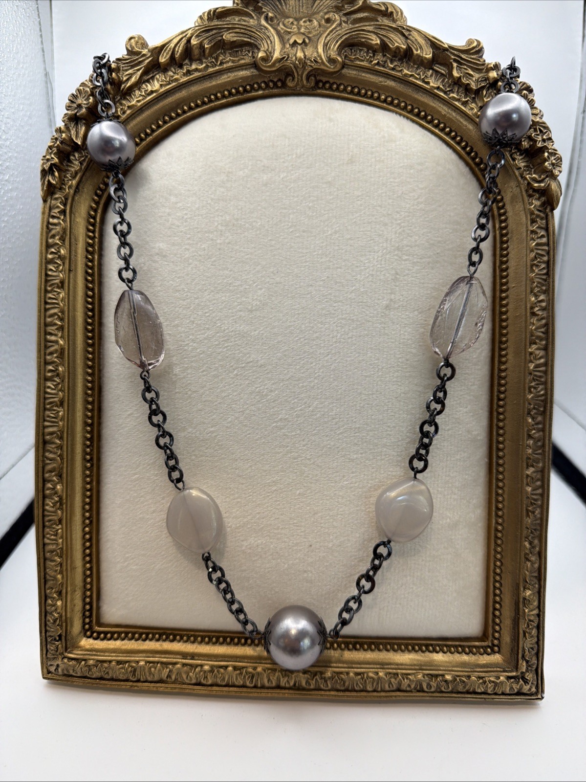 345. Crackle Glass And Stone necklace , Quartz Metallic Beads Black Chain